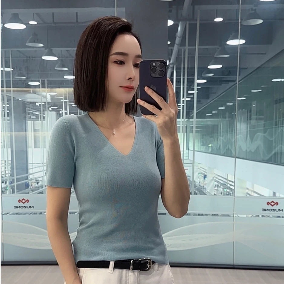 V领100%（莱赛尔）天丝一线成衣夏季薄款园领修身针织衫