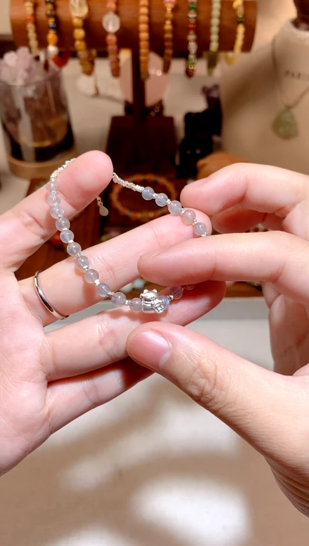 银S925镶嵌手串拉长石灰月光招财猫手链 多样性发一