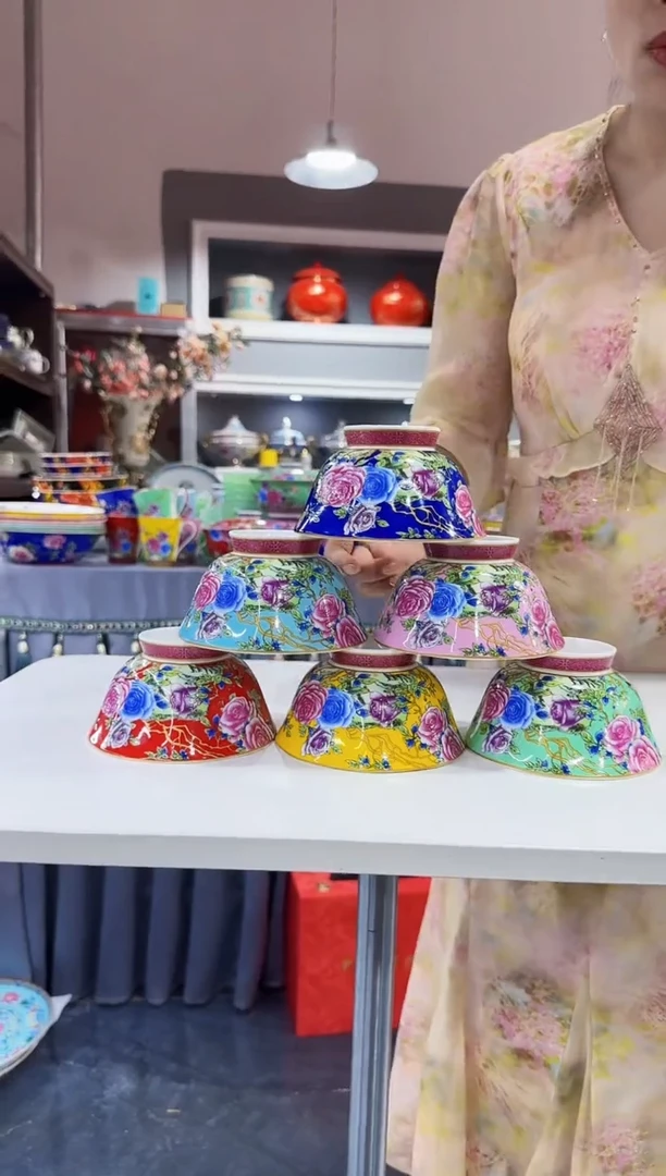 珐琅4.7英寸花口碗6个景德镇陶瓷混色