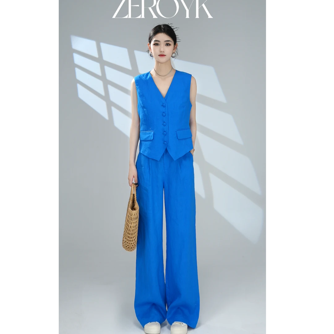 ZEROYK深圳南油100亚麻马甲阔腿直筒长裤两件套套装