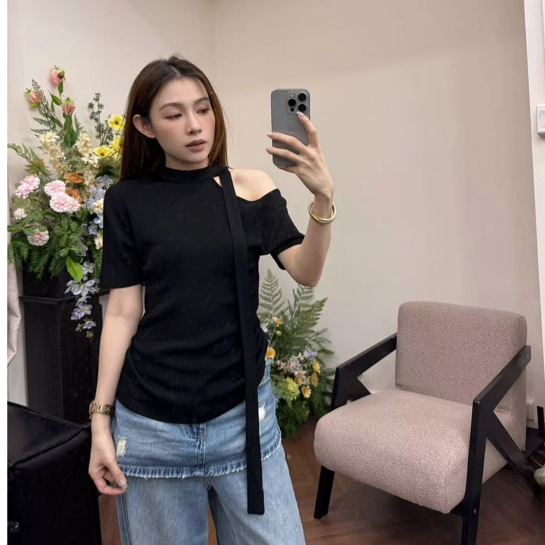 设计感露肩系带短袖T恤纯色气质百搭显瘦弹力上衣#777