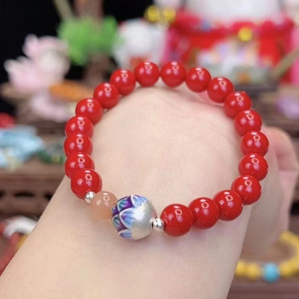 天然辰砂9240高含量天然紫辰砂朱砂莲花手串本命年招财通运8mm