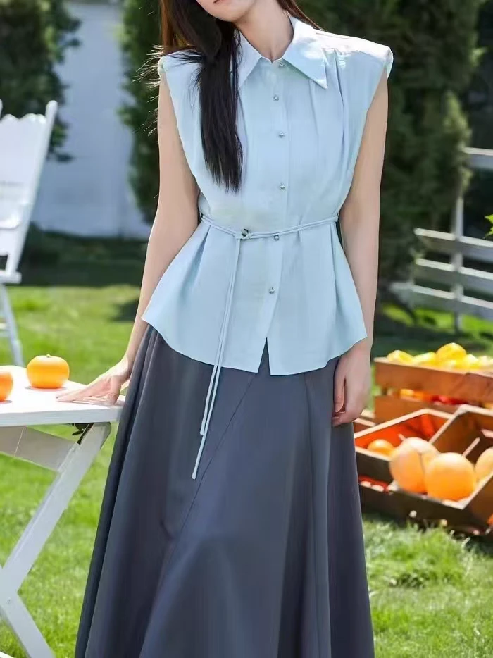 ANYUMO/安妤茉52138纯色无袖系带收腰衬衫薄款时尚百搭夏季