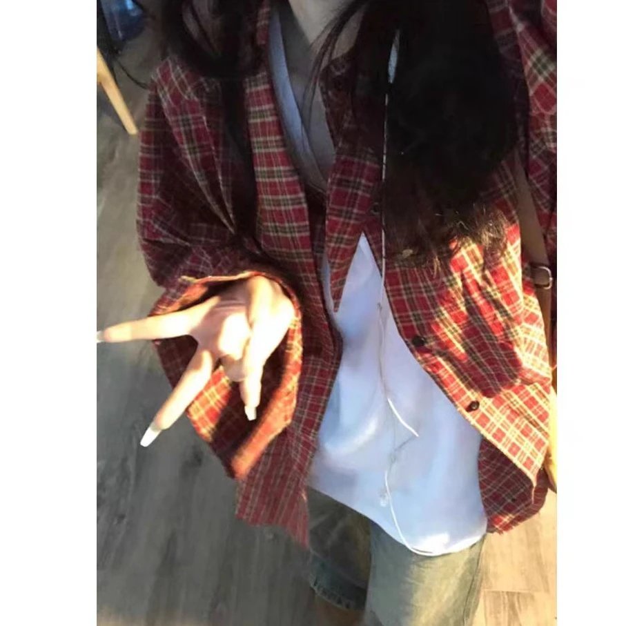 美式复古红色格子长袖衬衫女2025秋季上衣小个子慵懒风格纹外套
