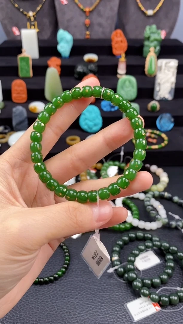 【闪购商品】和田玉-未镶嵌7mm碧玉极限弧洒金手串