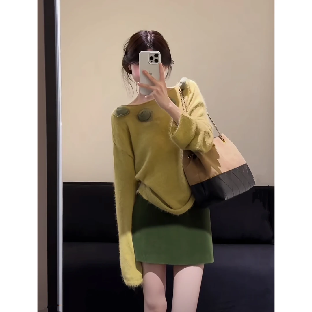 秋季减龄一整套穿搭温柔风独特超好看毛衣上衣半身裙两件套 9692#