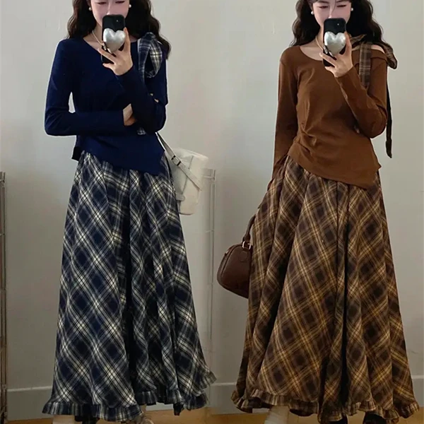 早秋学院风蝴蝶结长袖收腰上衣+复古格子半身裙流光风长裙系穿搭