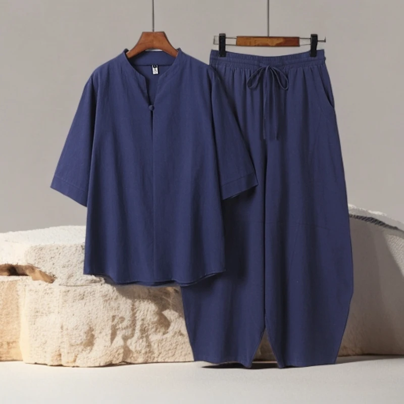 2025潮流夏季中国风男士宽松太极服加肥加大码亚麻七分裤棉麻套装