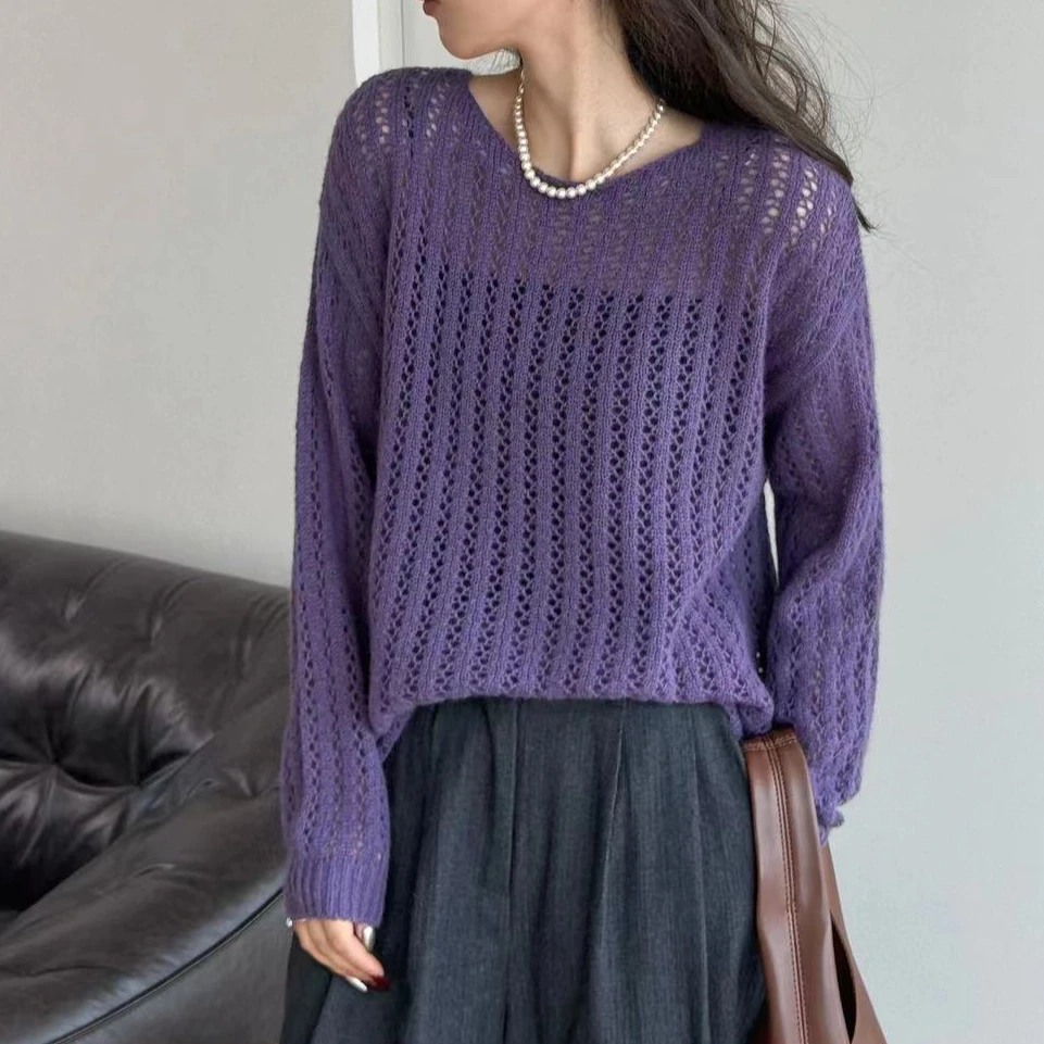 镂空羊毛羊绒针织衫女春季新款长袖宽松慵懒套头圆领上衣女