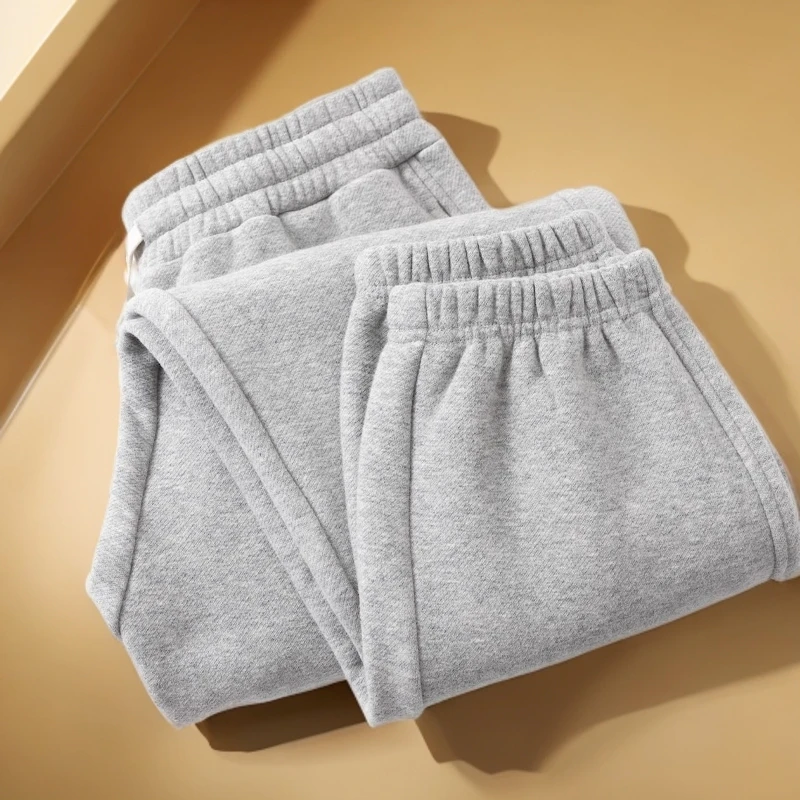 美式重磅400g运动加绒卫裤男士秋冬款加绒加厚斜纹休闲厚实裤子灰