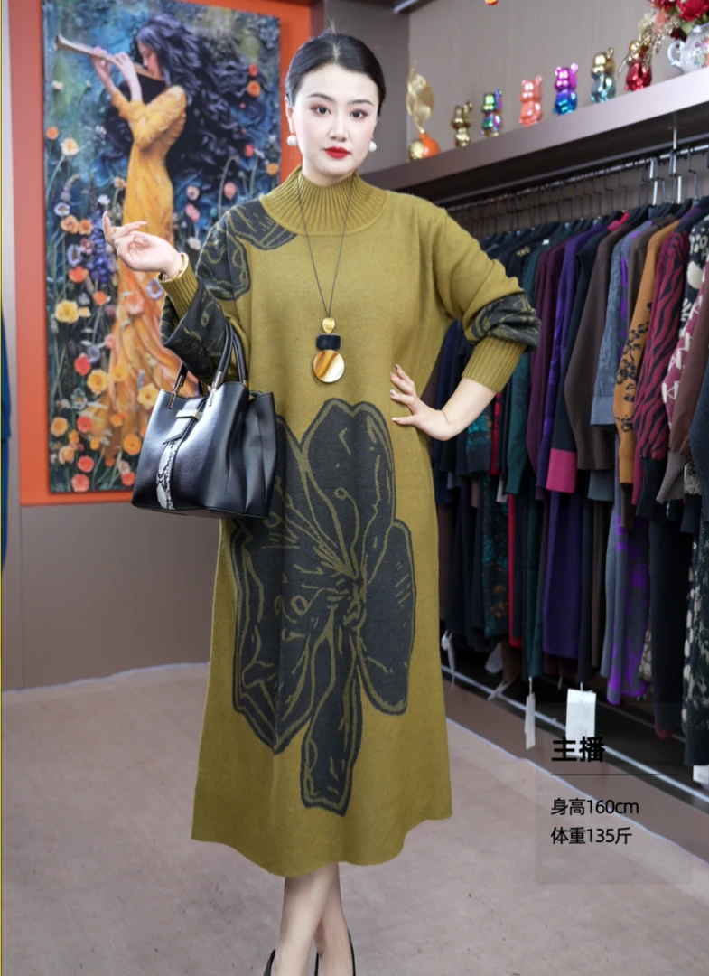 554【墨韵繁花】秋冬新款宽松大码遮肚显瘦长款连衣裙
