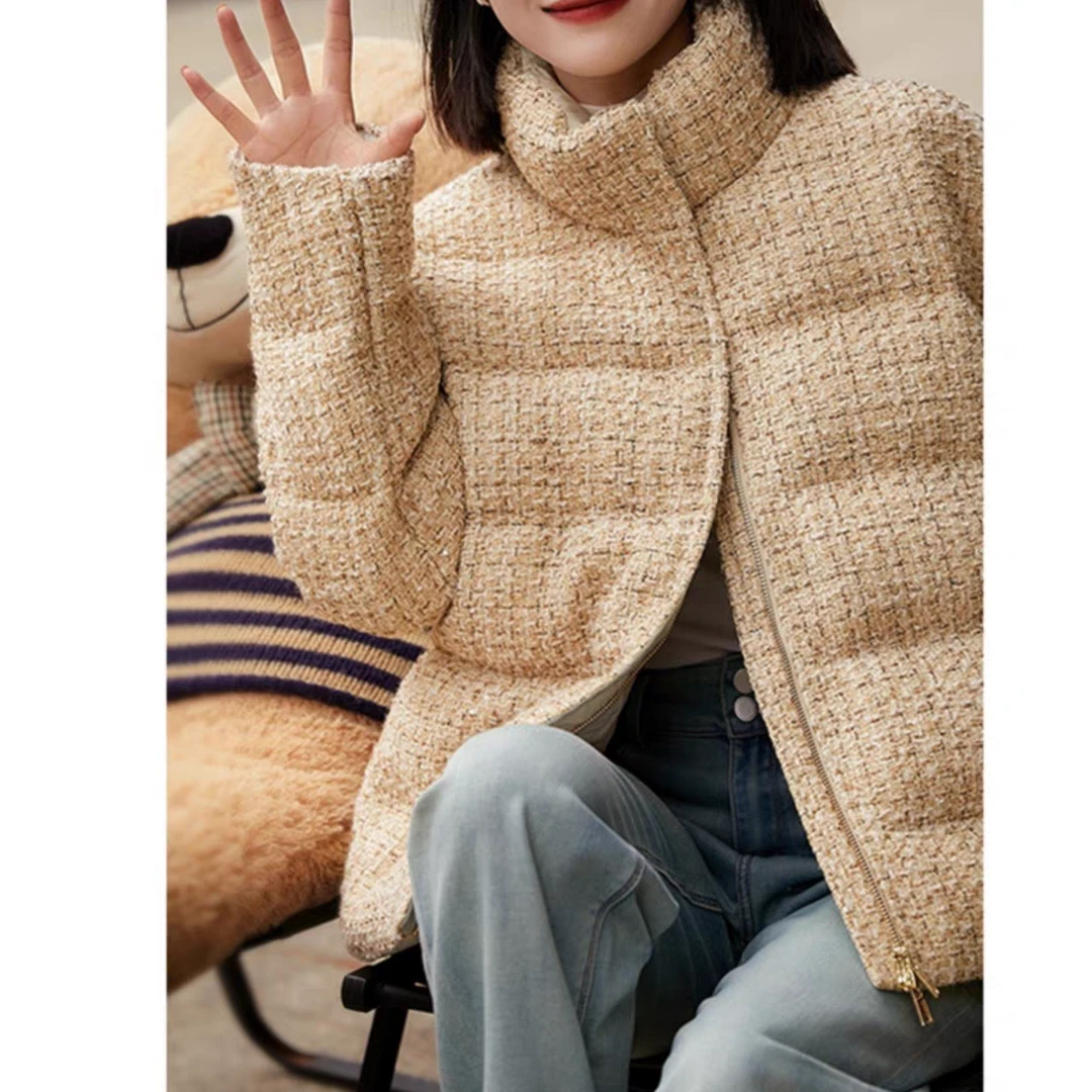 S·Y·C【纸醉金迷】小香风羊毛粗花呢！95白 鹅绒保暖外套女