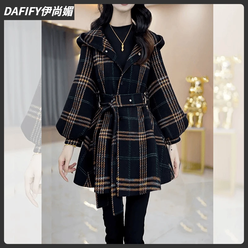 1秋冬格子大衣女2024秋冬新款韩系小个子连帽中长款加绒外套女I