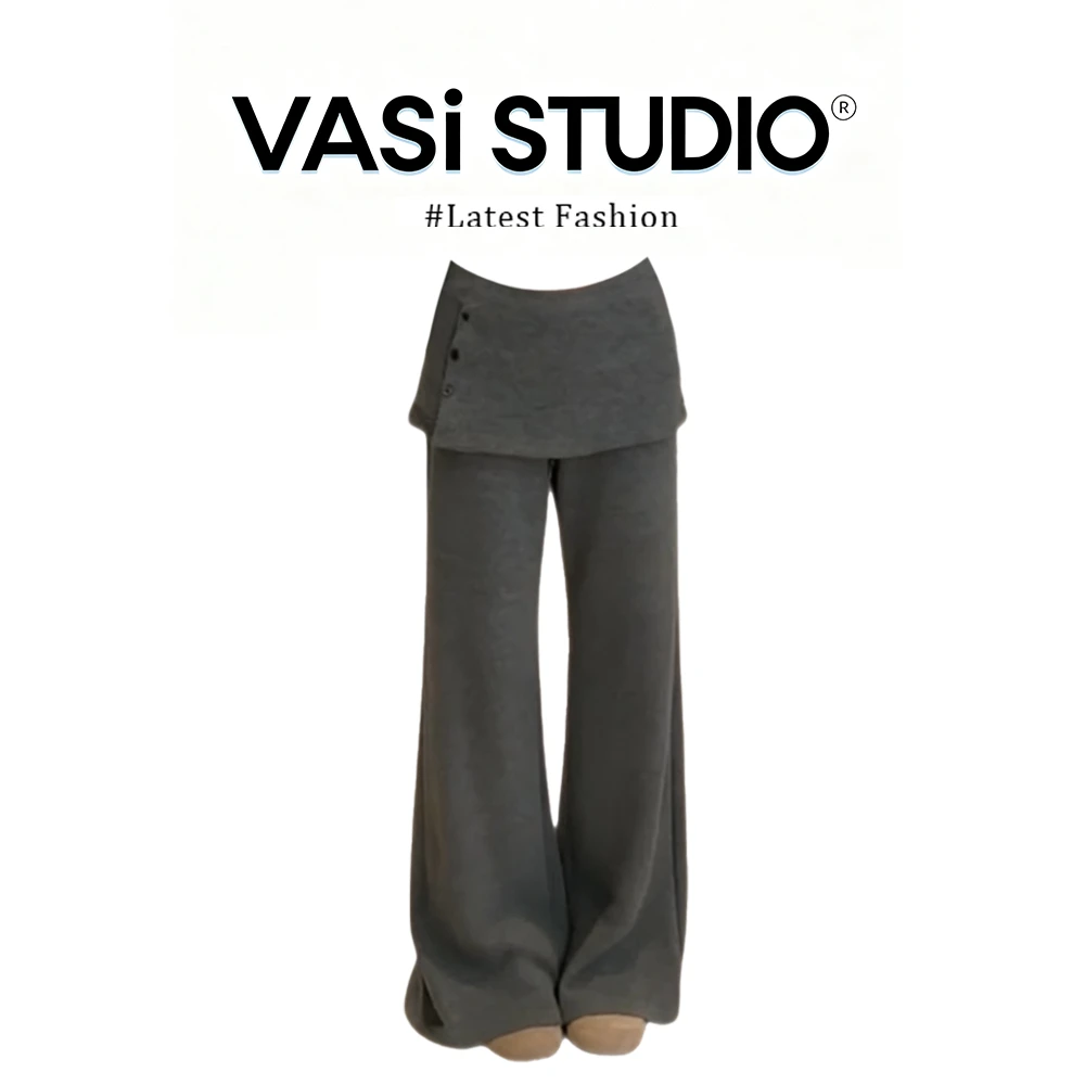 VASI秋冬韩系设计感屁帘拼接假两件微喇裤显瘦灰色裤女套装