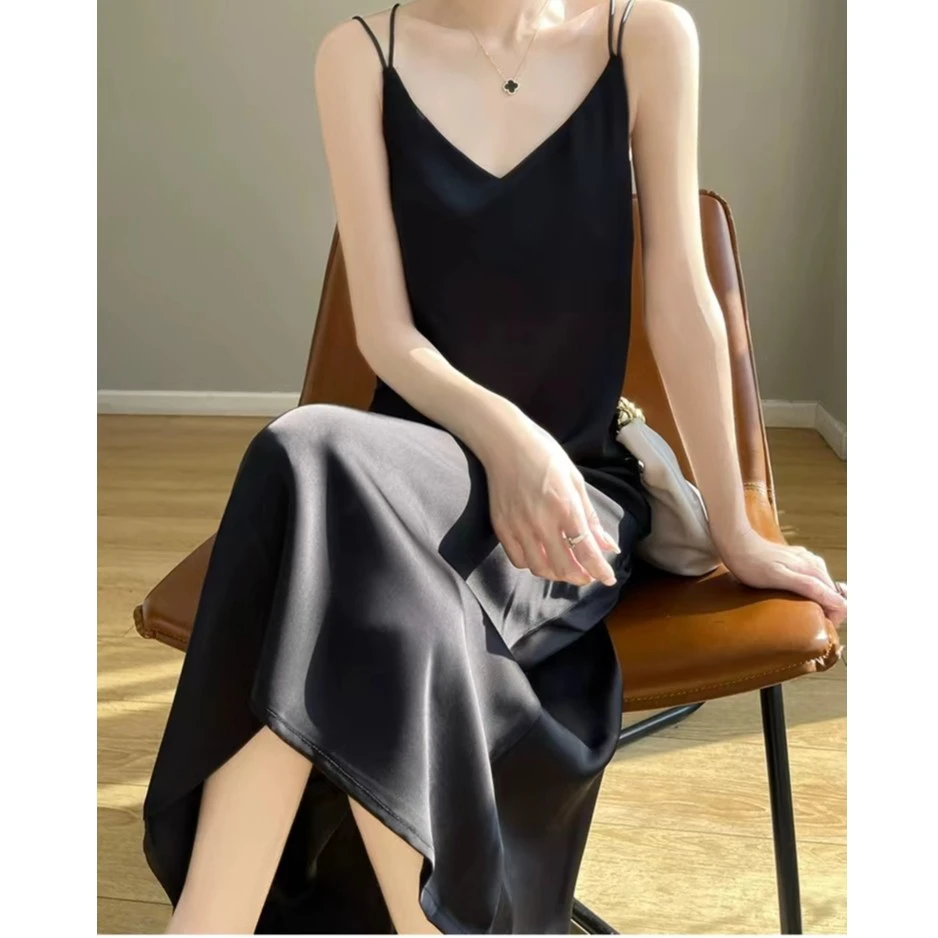 6008B X春夏季新款缎面露肩气质优雅显瘦高级感法式吊带连衣裙