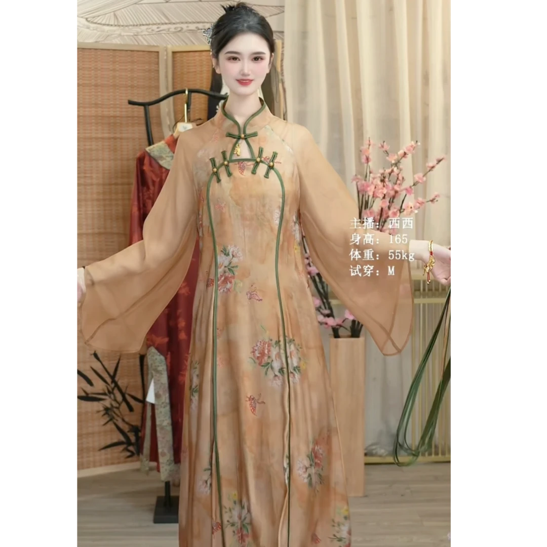 花享悦2025春季新款中国风飘逸日常紫色长款连衣裙（6598）