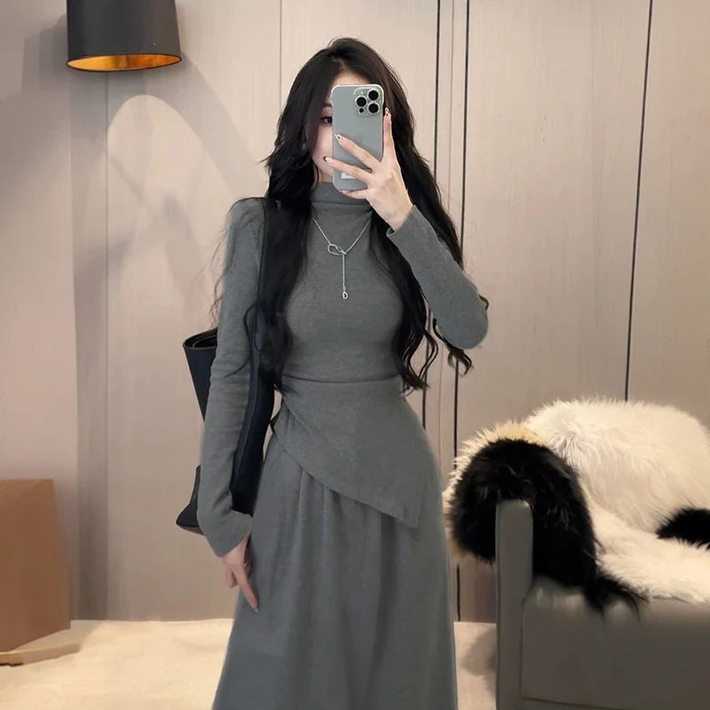 【运费补贴】两件套不规则下摆女半高领休闲上衣半身裙套装ZLM