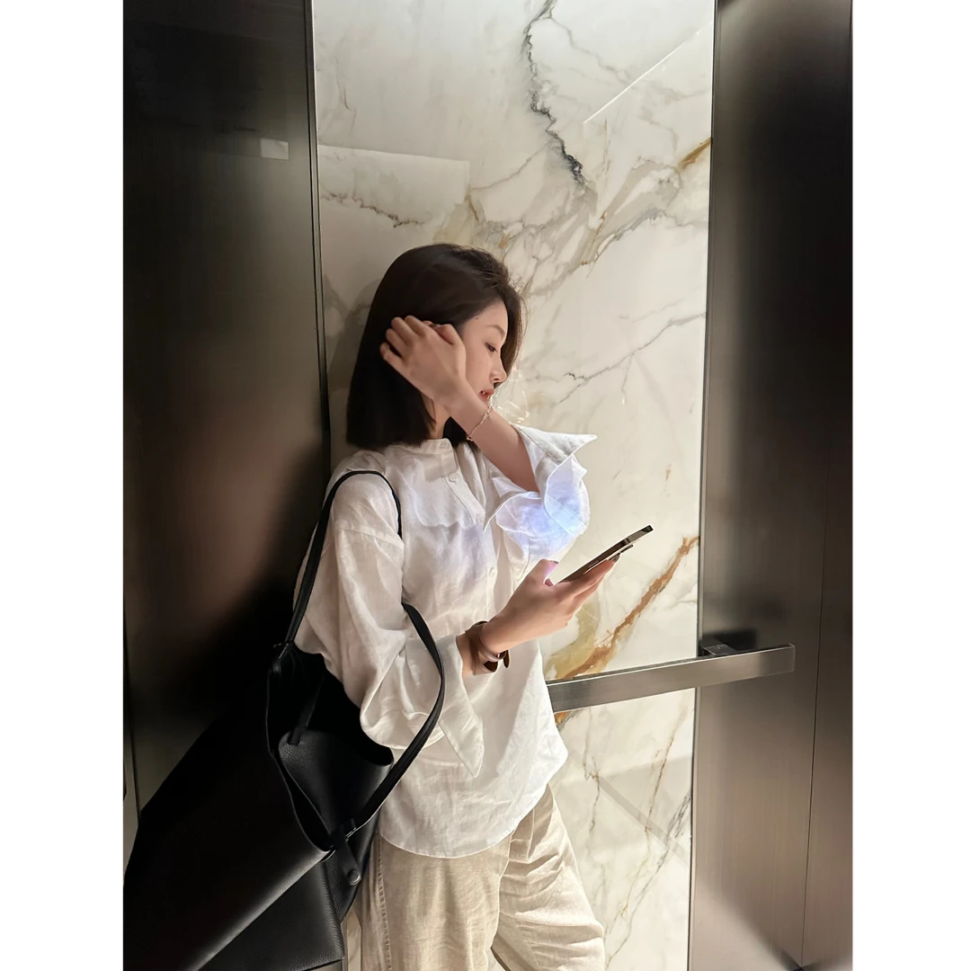 Multi Math“凡朴”|亚麻半开襟立领弧形白色衬衫