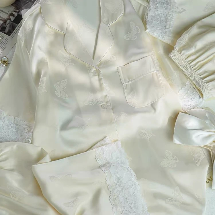 【缎面好面料】【蕾丝蝴蝶提花】【短袖三件套】夏季软丝女睡衣家居服