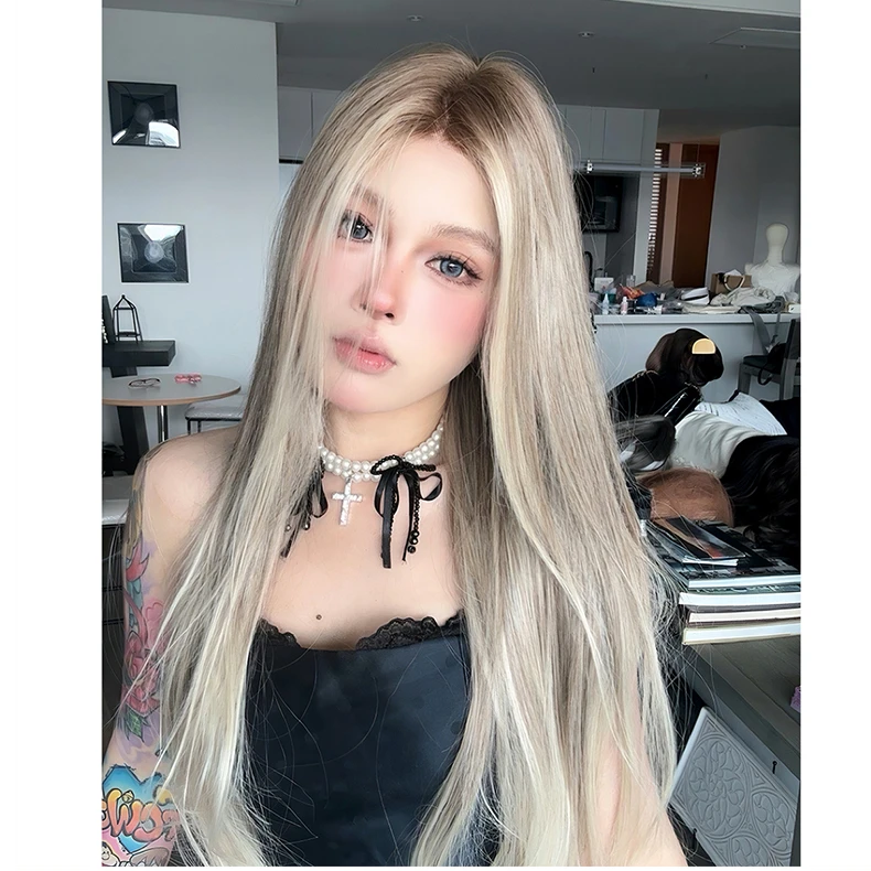 《艾薇儿》巴黎画染白金渐变灰中分进口丝直发欧美御姐蕾丝假发