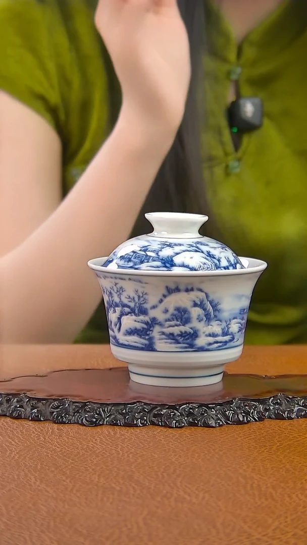 景德镇手工青花雪景盖碗