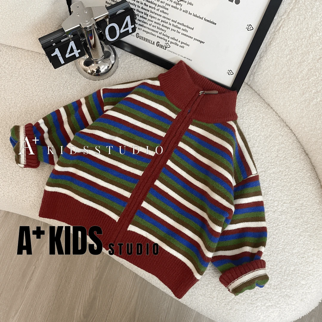 24483男童毛衣秋季新款韩版彩虹开衫时尚条纹拉链针织打底衫外套