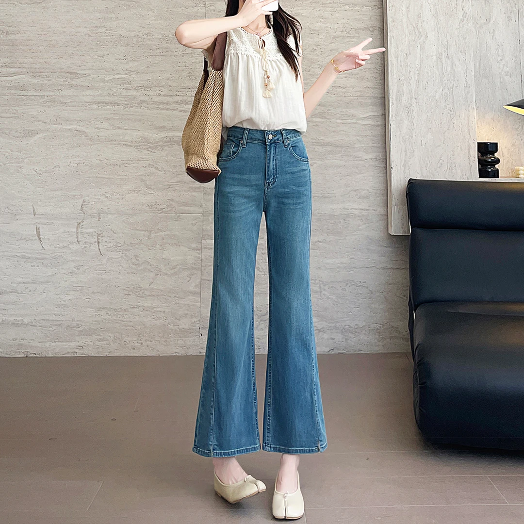 天丝微喇牛仔裤女高腰显瘦夏季薄款2025新款开叉修身八九分喇叭裤
