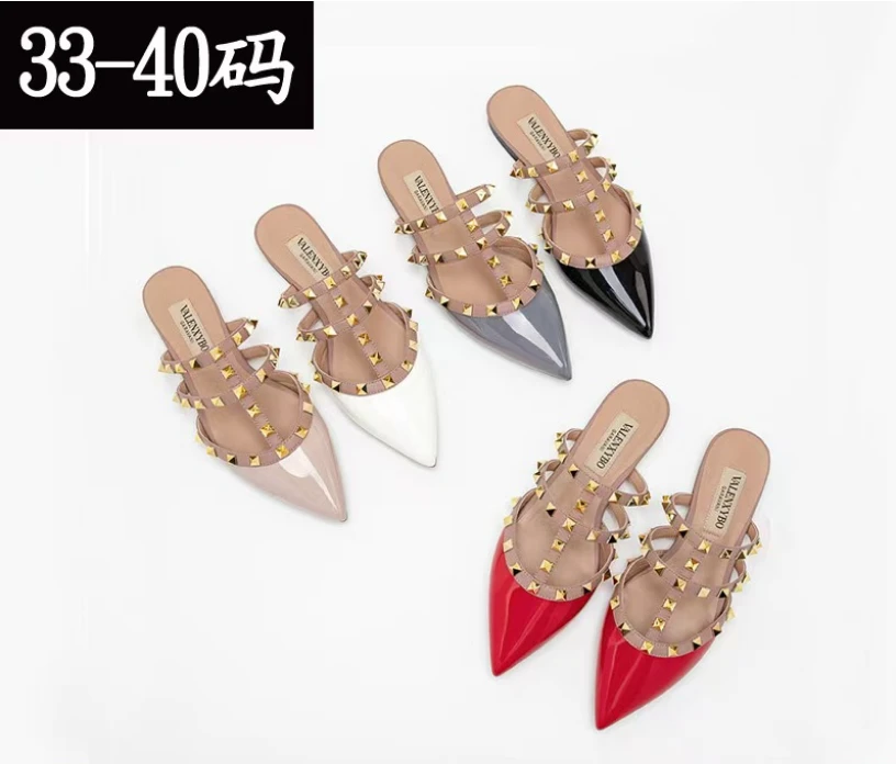 惠包头半拖鞋女外穿2025时尚铆钉平底尖头软底网红半包穆勒鞋潮