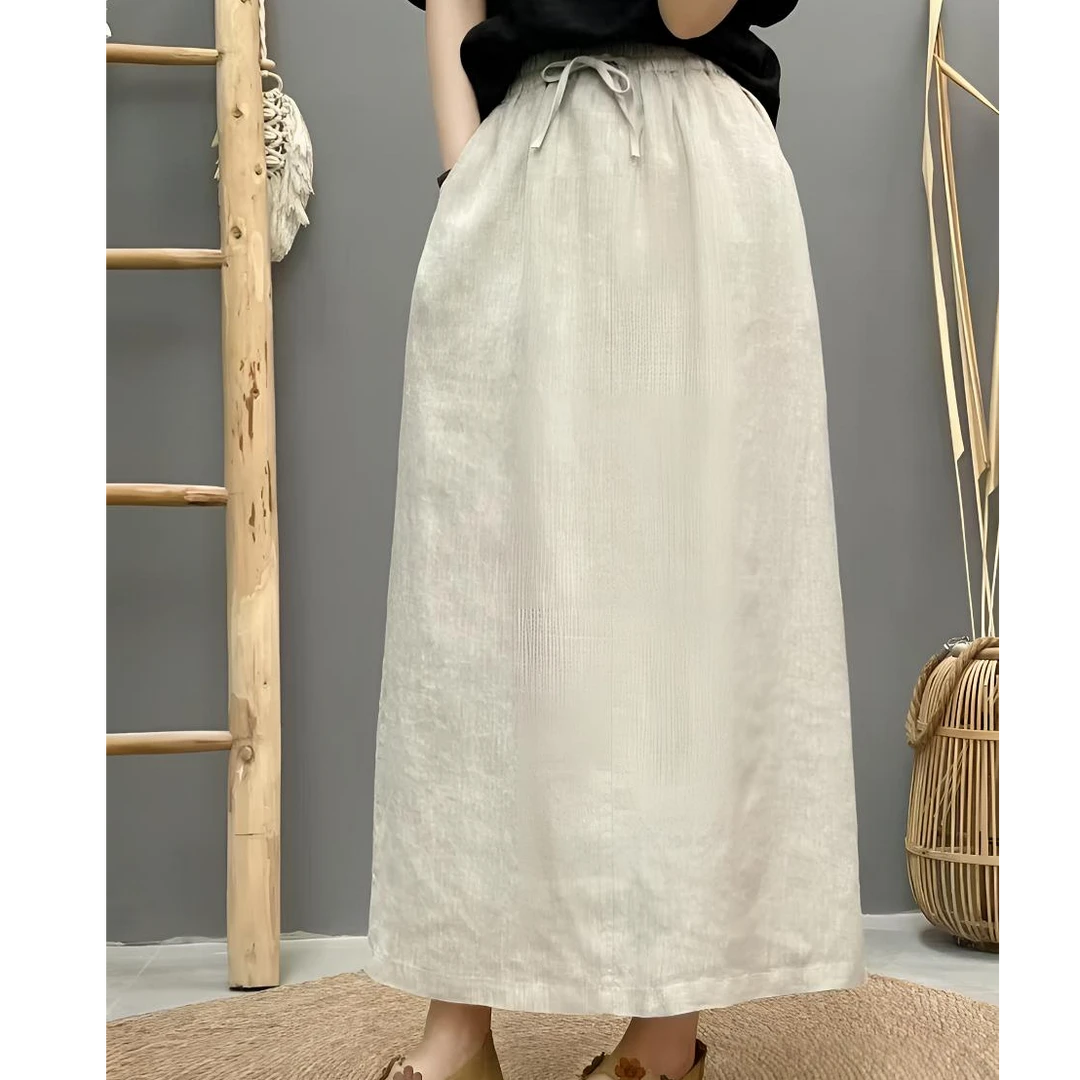 夏季新款复古纯亚麻后开叉A字半身裙女宽松显瘦松紧高腰系带纯色