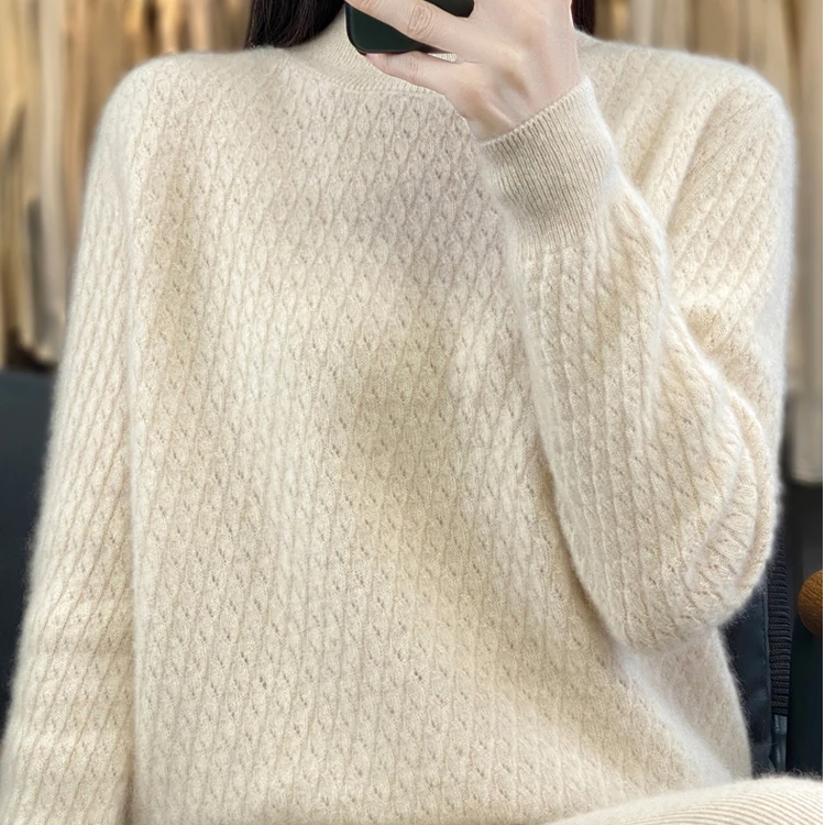 100%纯羊毛一线成衣半高领菱形格针织上衣D190清