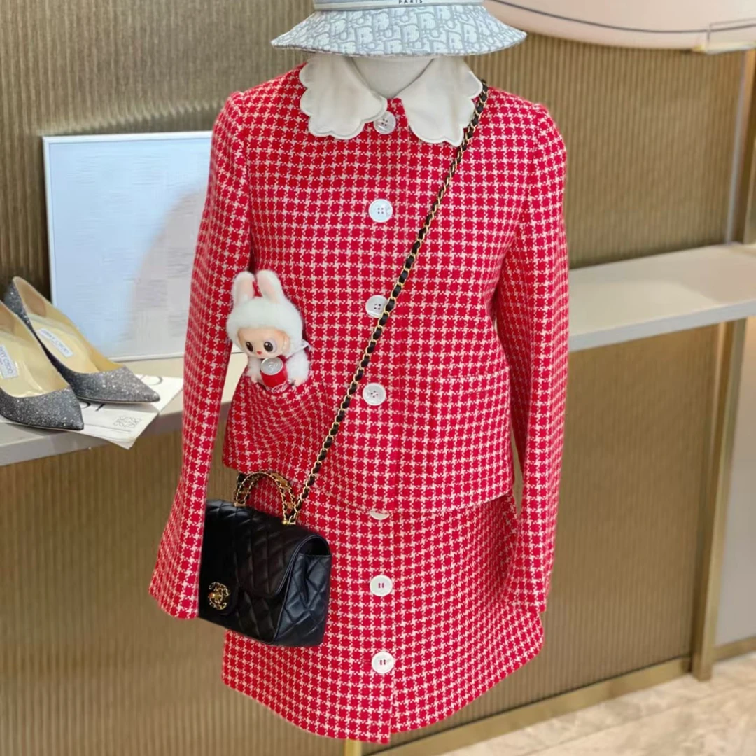 99新 MIU MIU/缪缪 【辛河奢品】缪缪红色格子套装36码160/72A