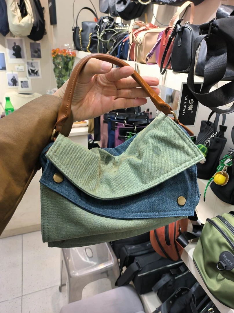 YUSHA/高档绿色拼牛仔蓝手提翻盖包-2032