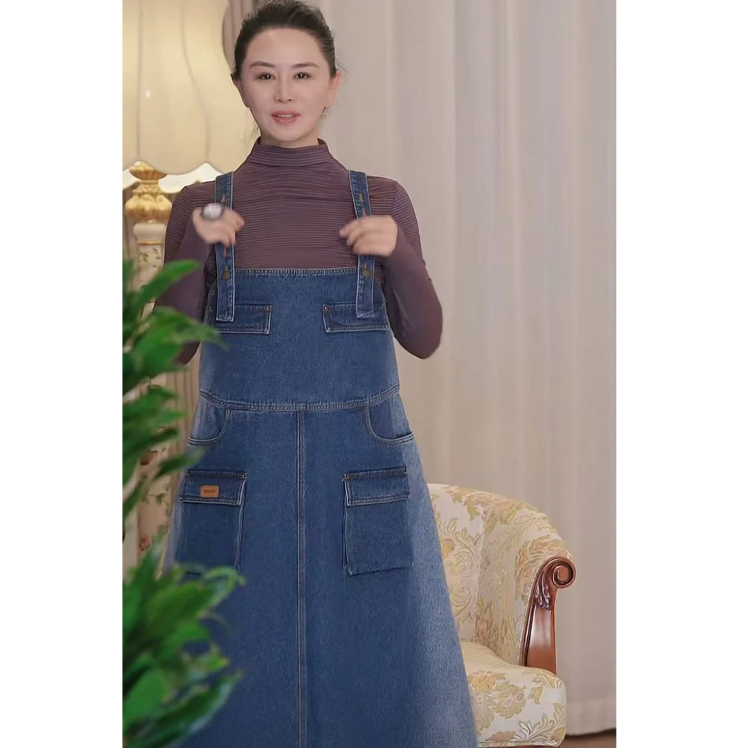 芬奇牛仔背带裙复古蓝王璇原创设计