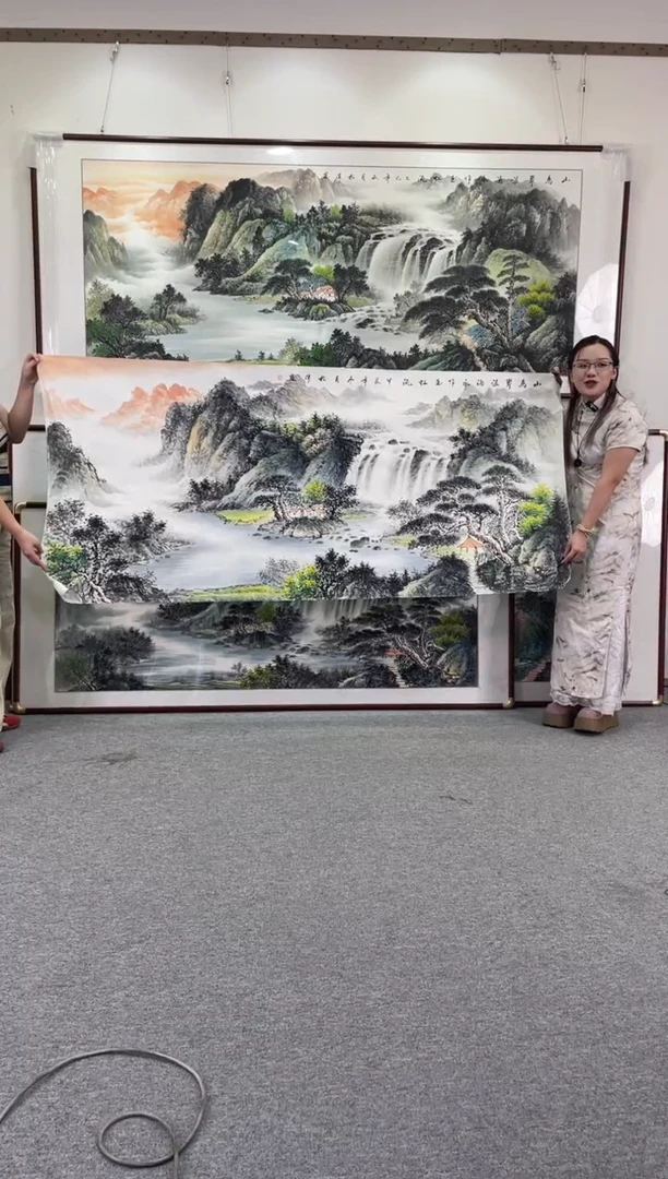 国画山为翠浪涌238*108纯手绘国画（红花梨）