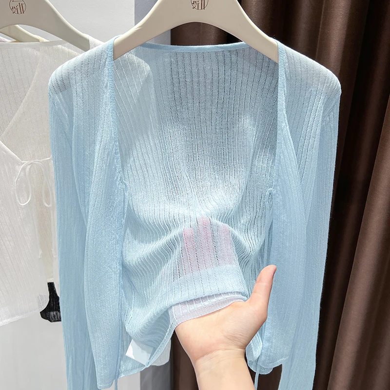 蓝色薄款冰丝针织开衫女款2025夏季配裙子小罩衫宽松长袖防晒外套