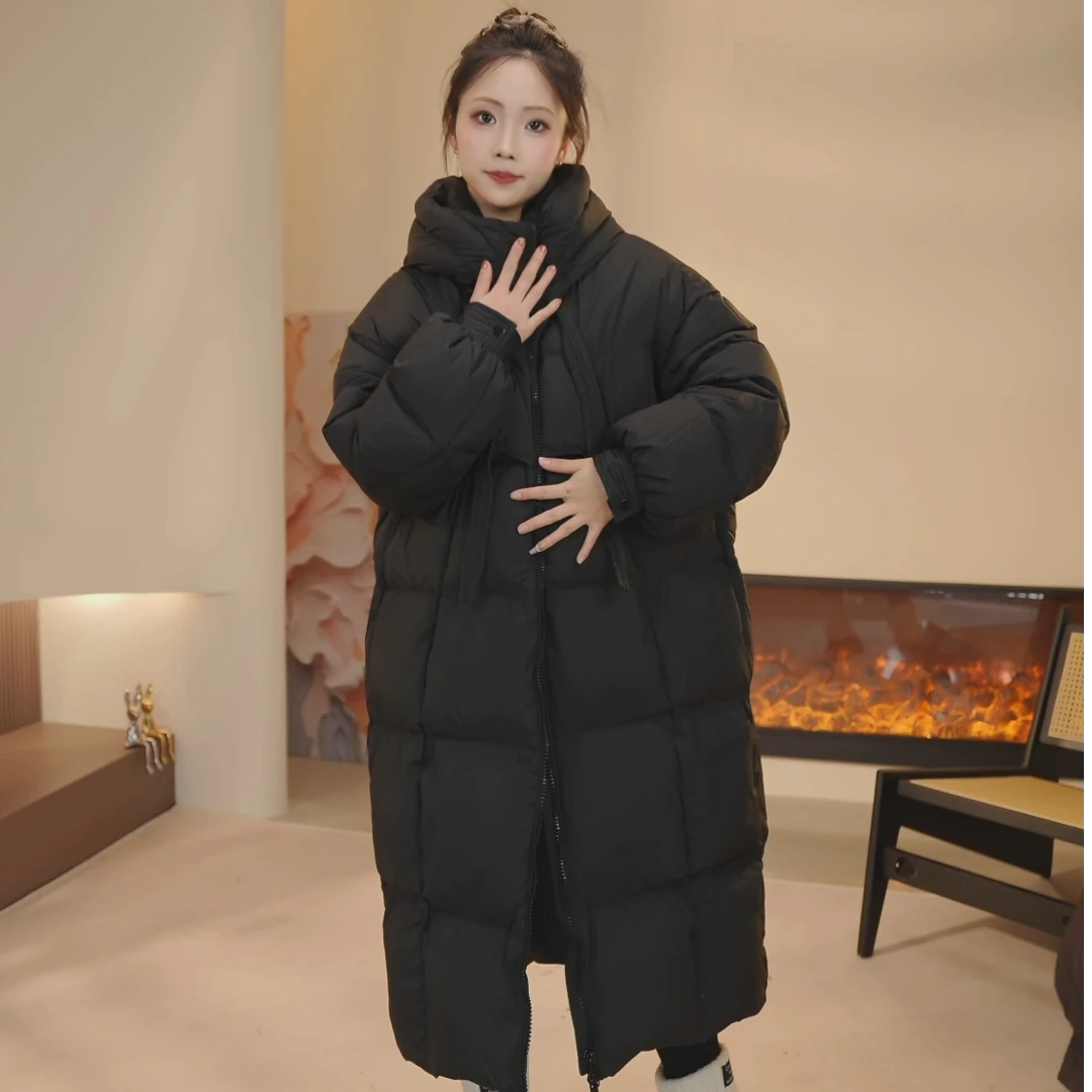 【工厂清货】韩版连帽加厚羽绒服女宽松中长款保暖外套大飘带00飘带
