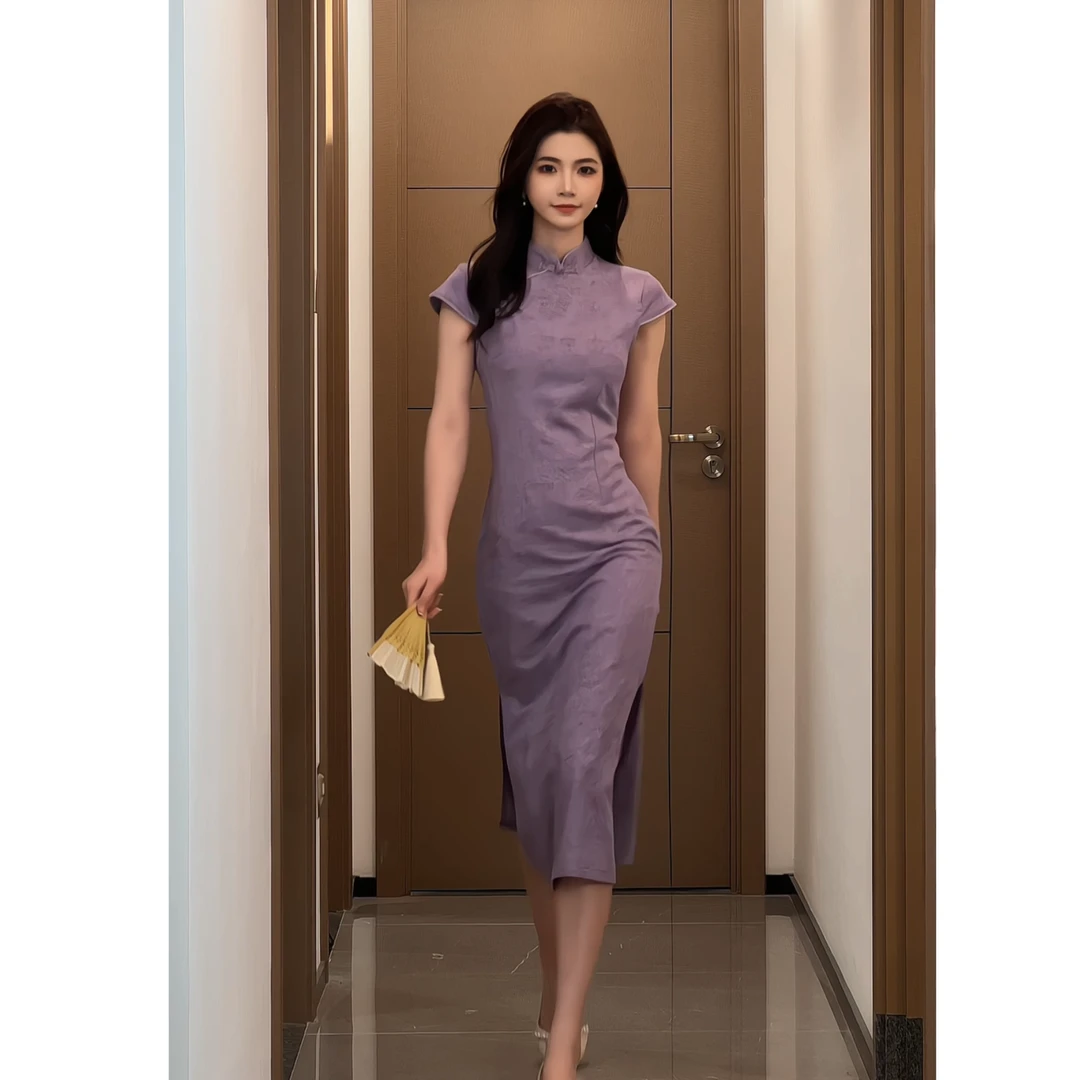 新中式国风旗袍改良年轻款少女日常可穿素雅紫色超好看盘扣连衣裙