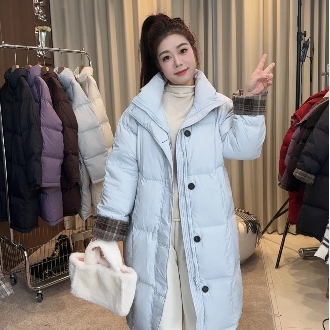 【浅蓝】长款羽绒服女90白鸭绒大码200斤宽松显瘦立领加肥加大胖mm