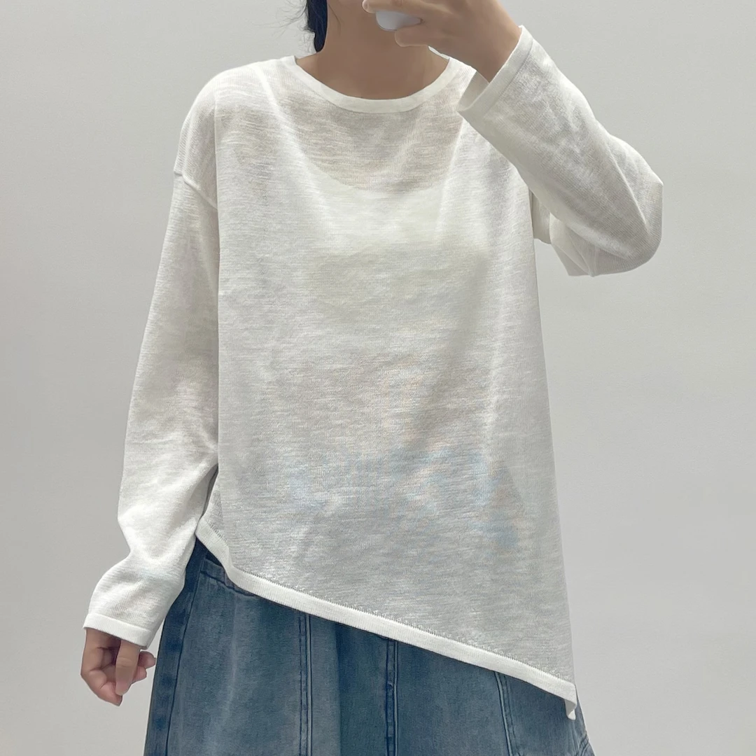 [妍姐优选]DM0111.针织亚麻圆领下角斜边不归侧百搭休闲长袖T