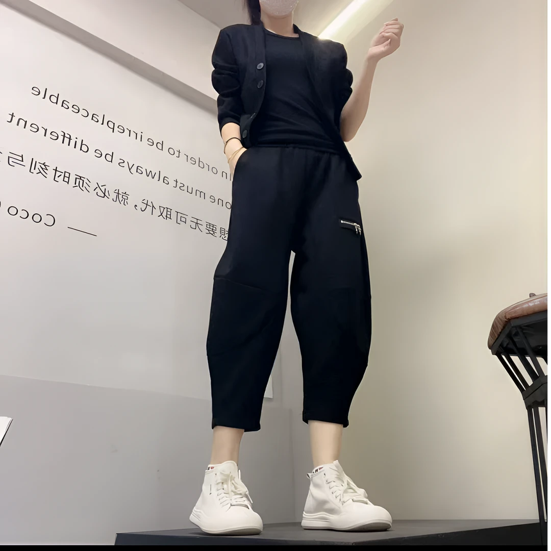 拉链哈伦裤高腰高弹力透气休闲裤＋外套俩件套运动百搭早秋新款