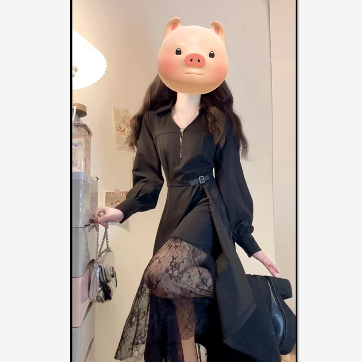 大码女装法式赫本风黑色蕾丝拼接不规则裙摆显瘦连衣裙