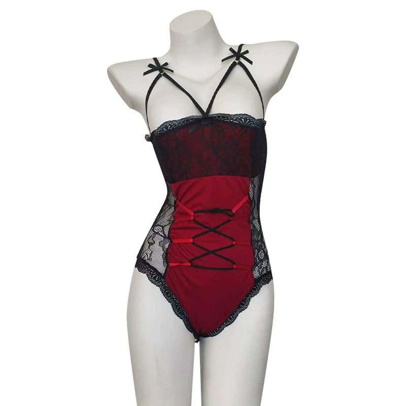 网红性感大码吊带蕾丝镂空透纱暗扣兔娘连体内搭欧美风修身衣