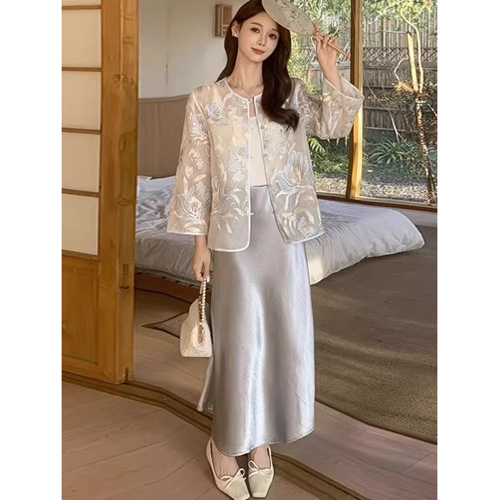 中国风套装裙女2025夏季洋气显瘦刺绣亮片防晒衫缎面半身裙两件套