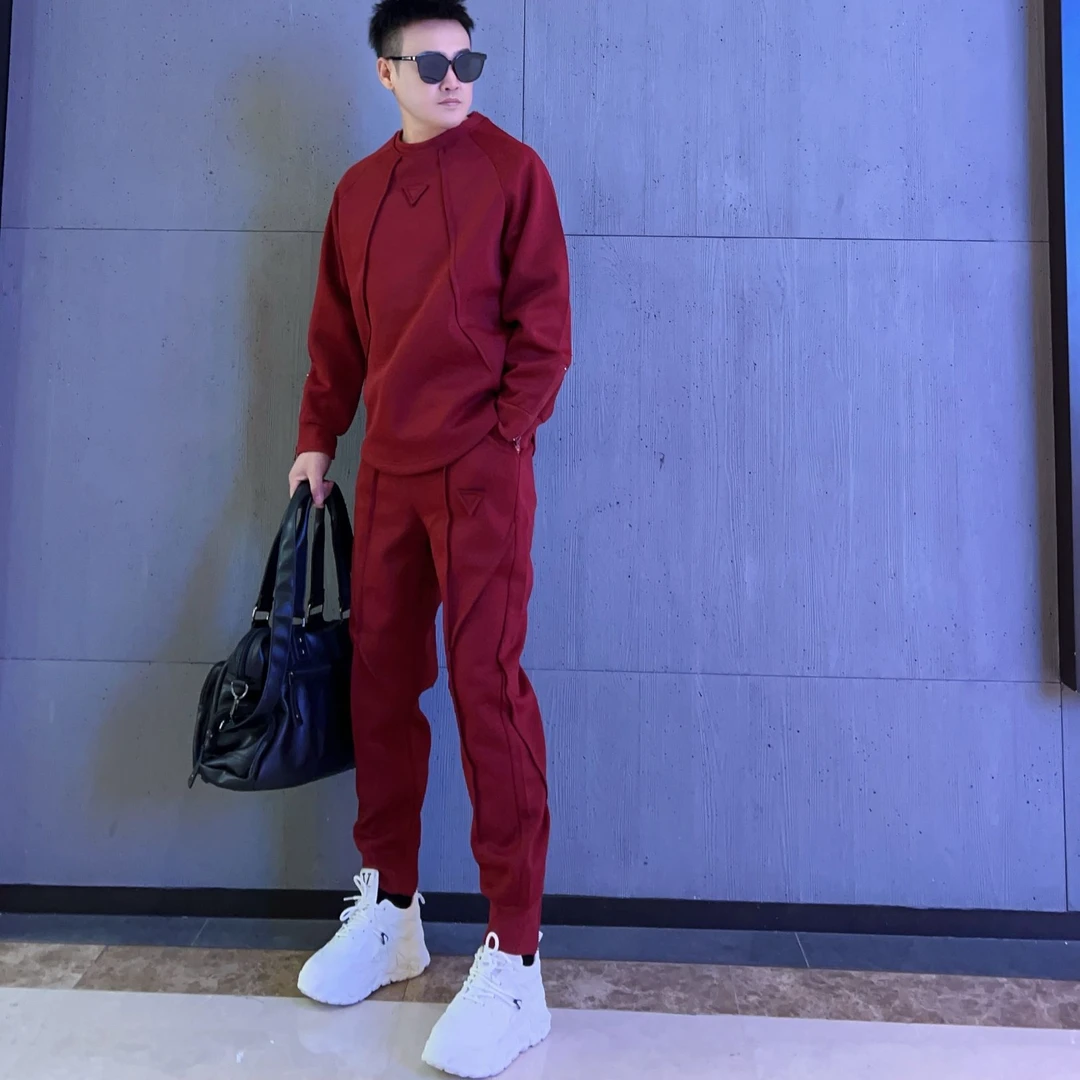 男士休闲运动套装2025春秋款时尚潮流个性拼接卫衣束脚长裤两件套
