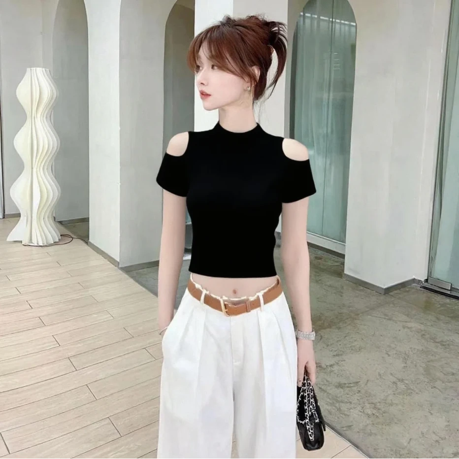 2025新款白色半高领露肩短袖T恤女春夏修身洋气短款镂空显瘦上衣