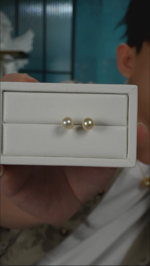 银S925镶嵌耳钉海水珍珠AK羽皇金素钉8-8.5mm