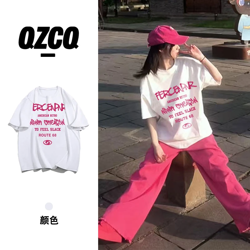 QZCQ小众复古休闲宽松百搭夏季短袖T恤慵懒设计潮上衣圆领ins印花