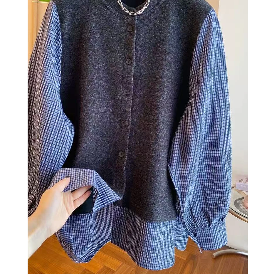 KEMI-欧货设计感针织拼接格子衬衣减龄假两件7738（衣长73左右）