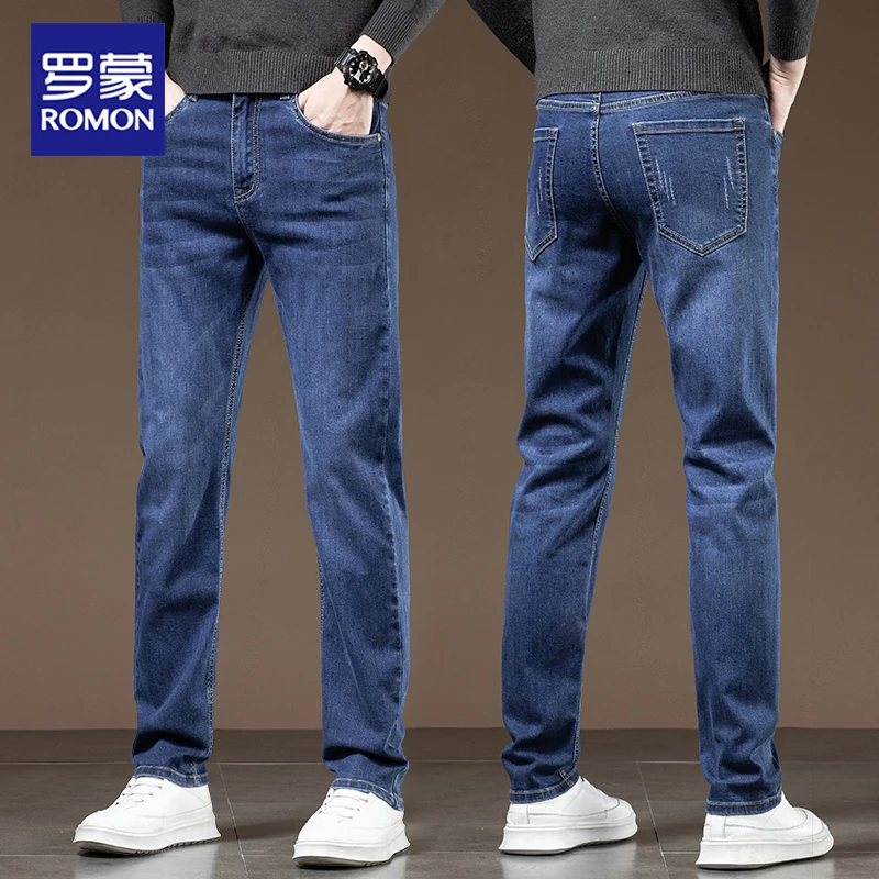 罗蒙潮牌水洗加绒加厚牛仔裤男士秋冬保暖修身直筒长裤子休闲男裤