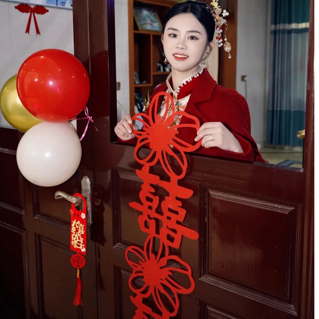 结婚植绒布花朵联喜喜条拉花喜字花朵形喜联婚礼拍照装饰喜